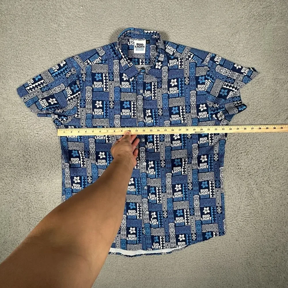 Bud Light Seltzer Shirt Mens Medium Blue‎ Hawaiian Tiki All Over Print Polyester
